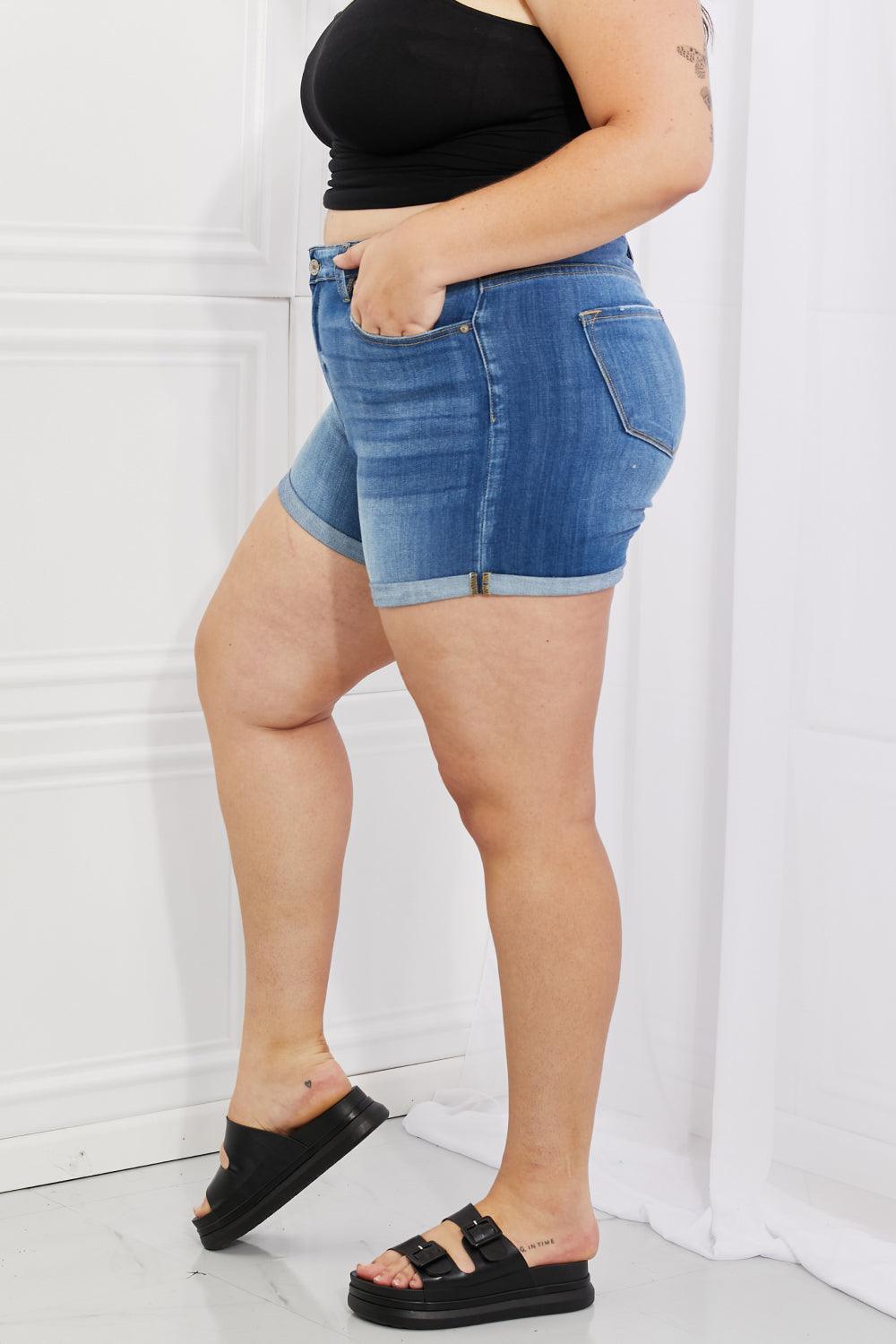 Kancan Full Size High Rise Medium Stone Wash Denim Shorts - PEONIES & LIME