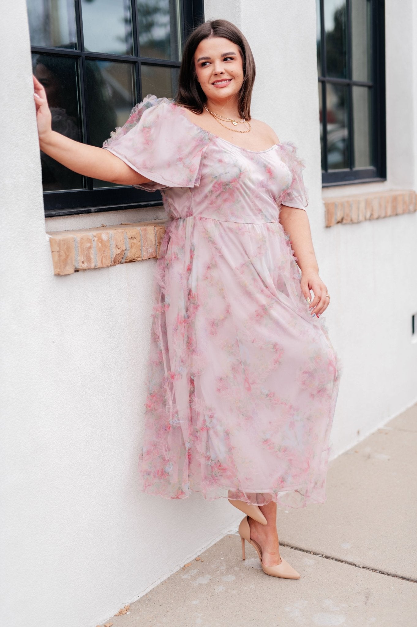 LadyBird Fluttersleeve Dress - PEONIES & LIME