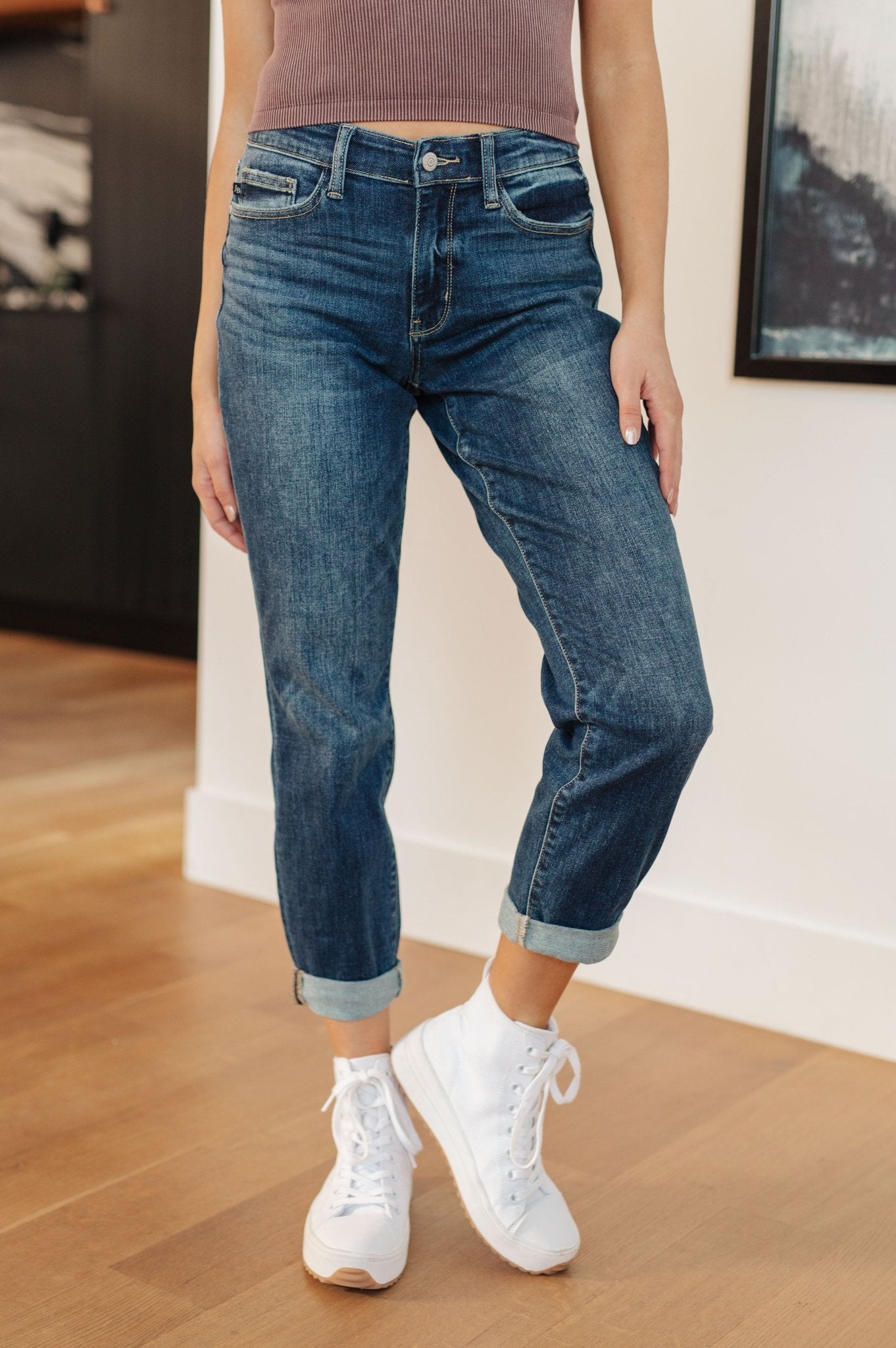 London Midrise Cuffed Boyfriend Jeans - PEONIES & LIME