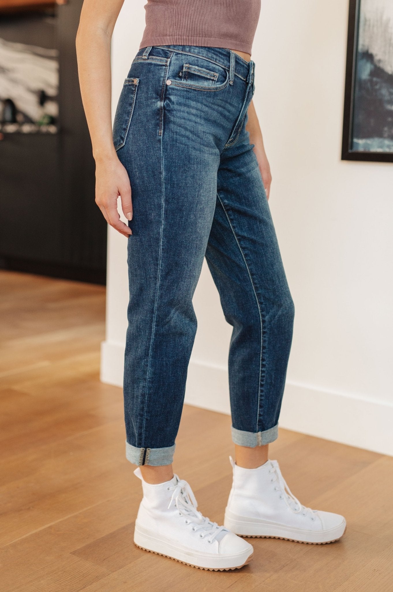 London Midrise Cuffed Boyfriend Jeans - PEONIES & LIME