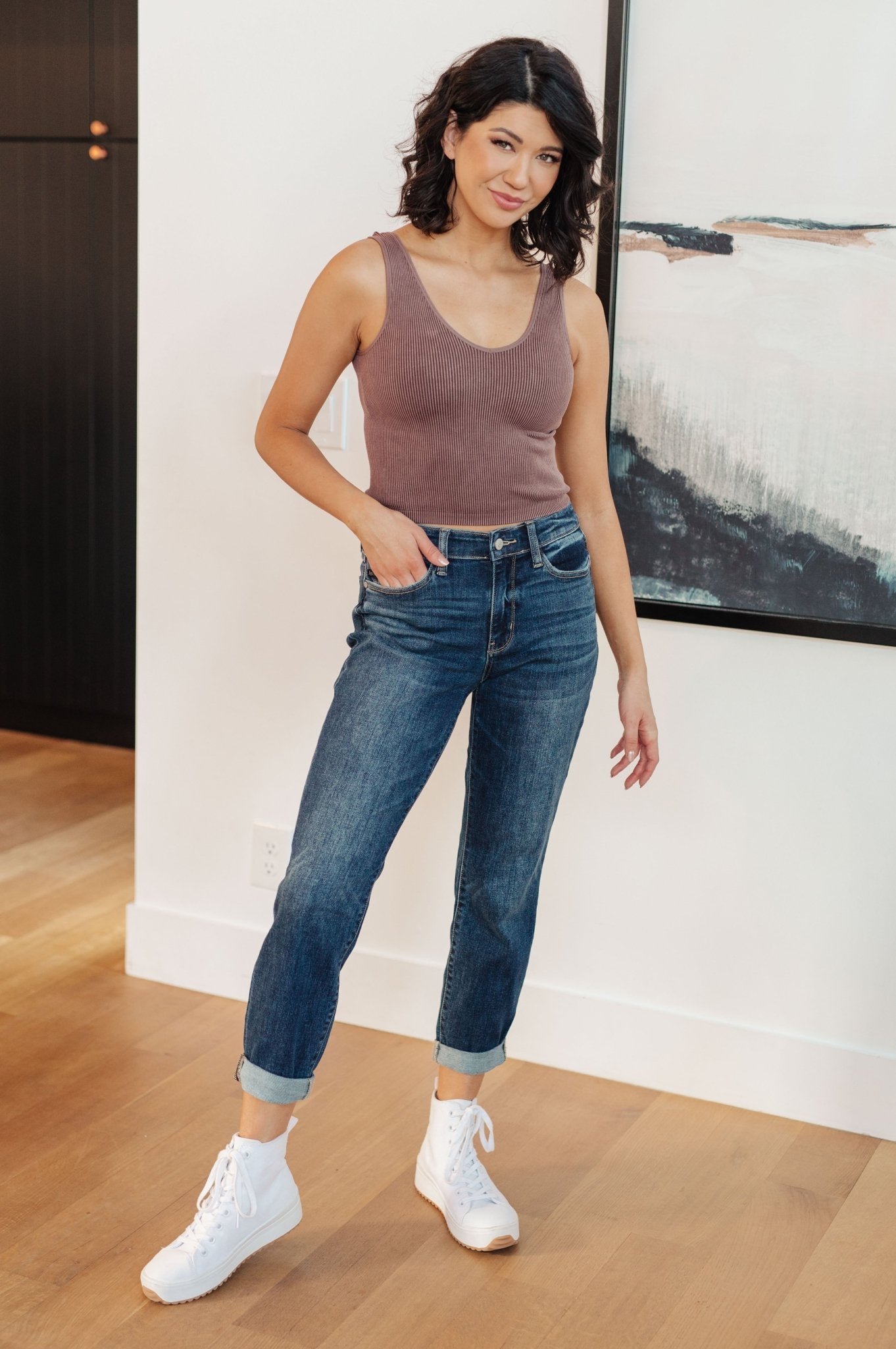 London Midrise Cuffed Boyfriend Jeans - PEONIES & LIME
