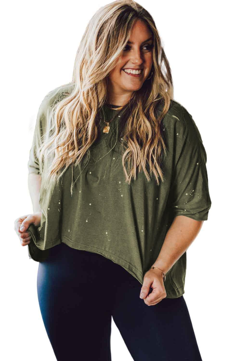 Plus Size Round Neck Half Sleeve Blouse - PEONIES & LIME