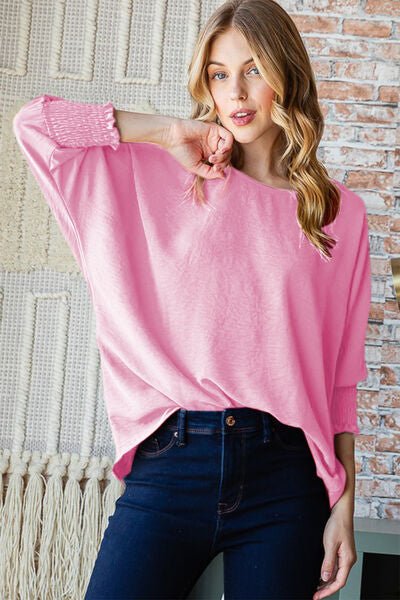 Reborn J Texture Round Neck Smocked Half Sleeve Top - PEONIES & LIME