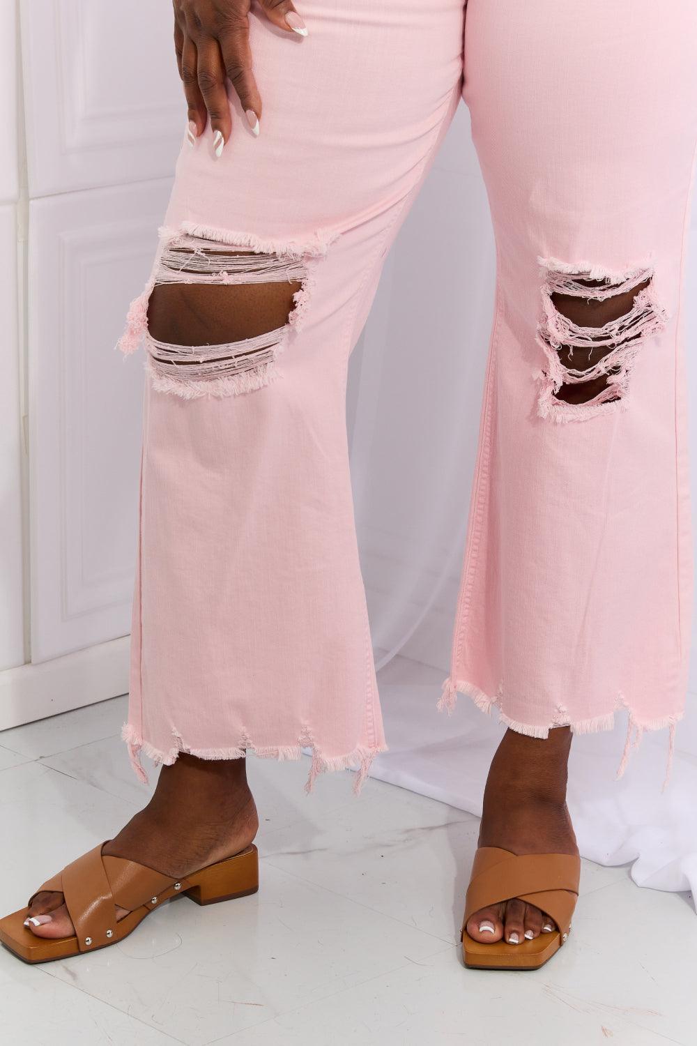RISEN Miley Full Size Distressed Ankle Flare Jeans - PEONIES & LIME