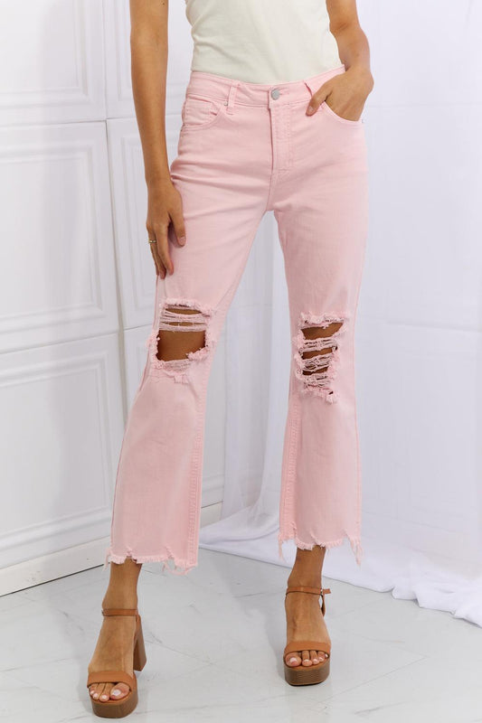 RISEN Miley Full Size Distressed Ankle Flare Jeans - PEONIES & LIME