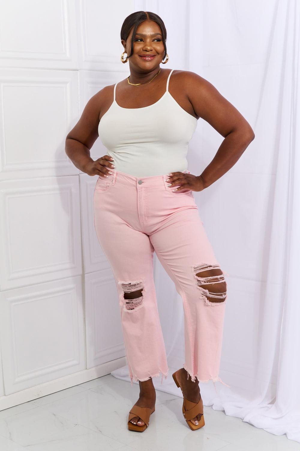 RISEN Miley Full Size Distressed Ankle Flare Jeans - PEONIES & LIME