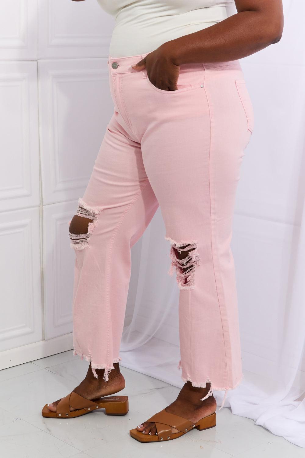 RISEN Miley Full Size Distressed Ankle Flare Jeans - PEONIES & LIME