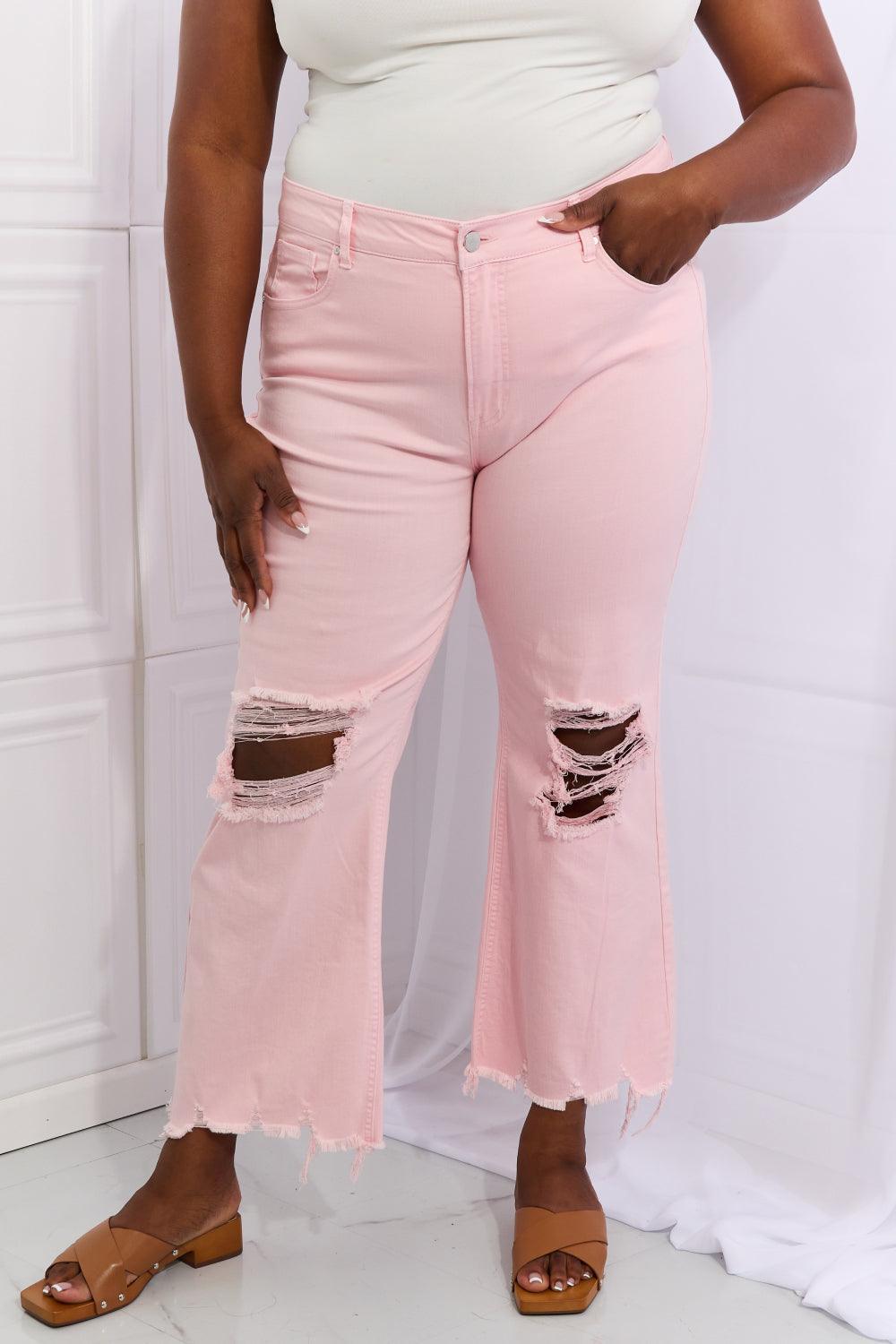 RISEN Miley Full Size Distressed Ankle Flare Jeans - PEONIES & LIME