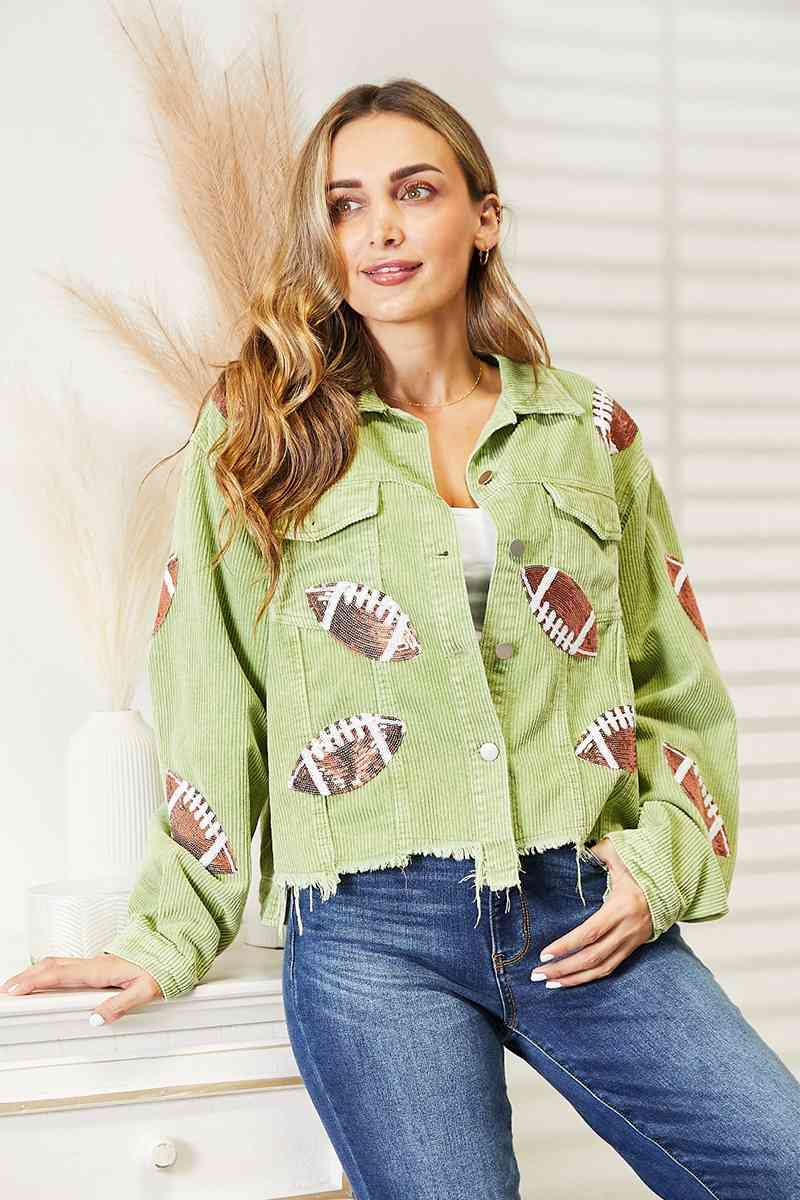 Sequin Football Patch Shacket - PEONIES & LIME