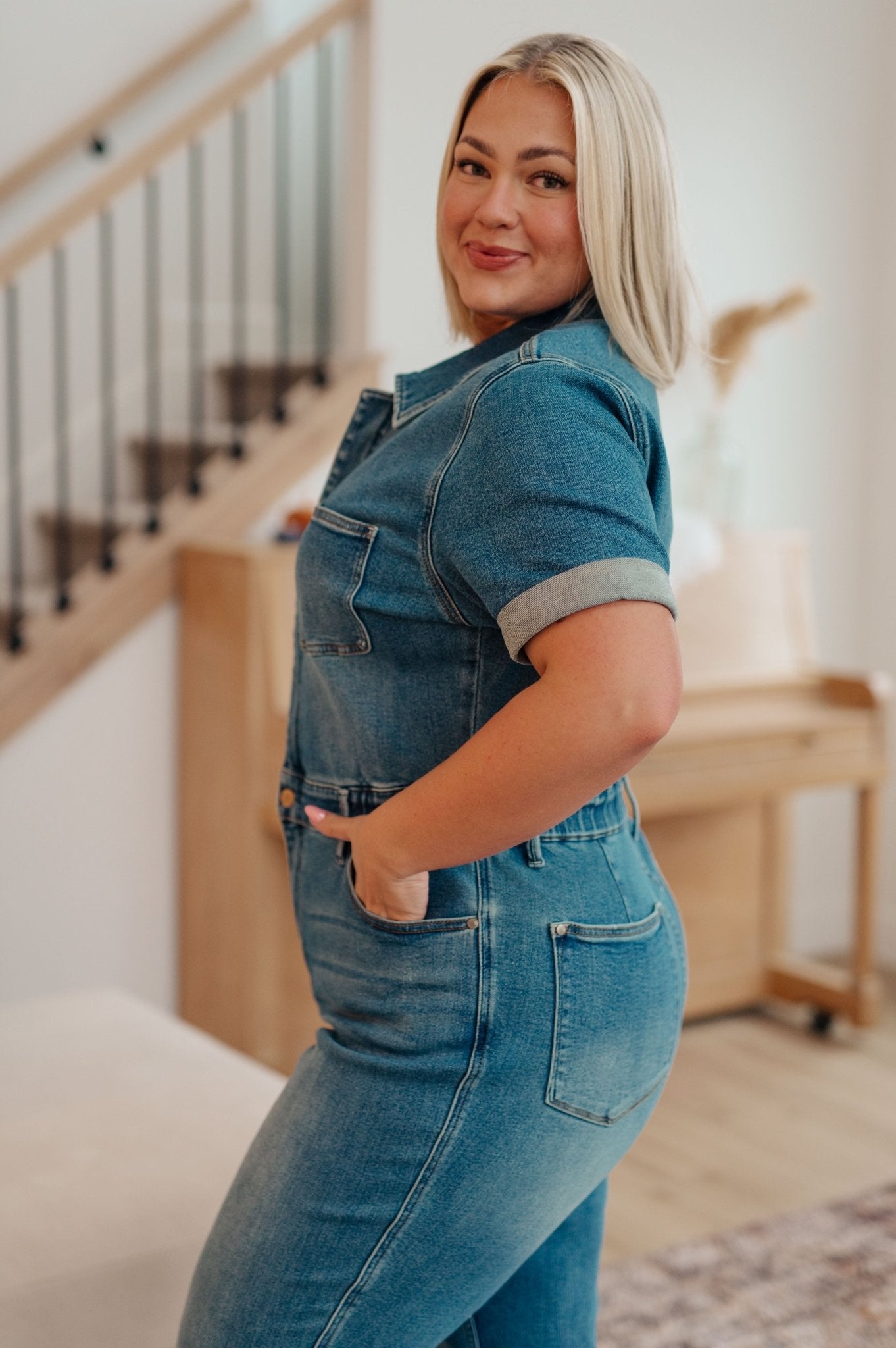 Sylvia Short Sleeve Denim Jumpsuit - PEONIES & LIME