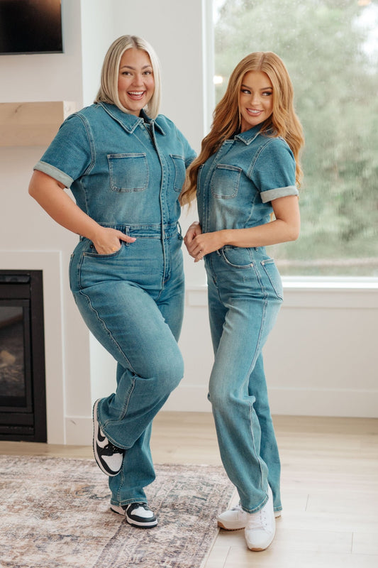 Sylvia Short Sleeve Denim Jumpsuit - PEONIES & LIME
