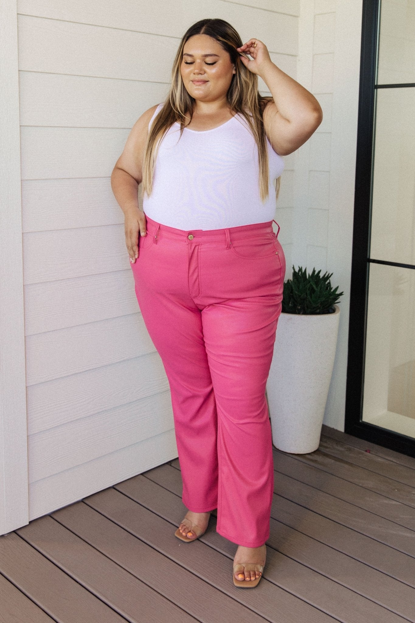 Tanya Control Top Faux Leather Pants in Hot Pink - PEONIES & LIME