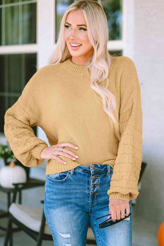 The Alaina Round Neck Dropped Shoulder Waffle-Knit Sweater - PEONIES & LIME