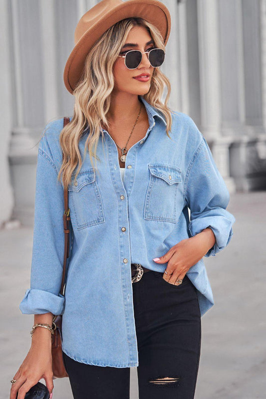 The Ariella Collared Neck Dropped Shoulder Denim Top - PEONIES & LIME