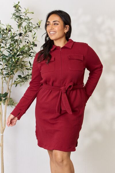 The Avery Tie Front Half Zip Long Sleeve Shirt Dress - PEONIES & LIME