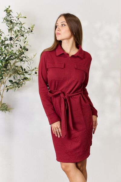 The Avery Tie Front Half Zip Long Sleeve Shirt Dress - PEONIES & LIME