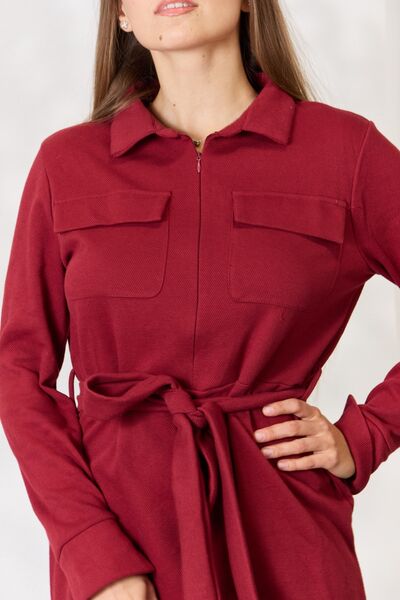 The Avery Tie Front Half Zip Long Sleeve Shirt Dress - PEONIES & LIME