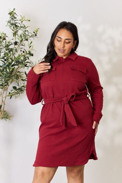 The Avery Tie Front Half Zip Long Sleeve Shirt Dress - PEONIES & LIME