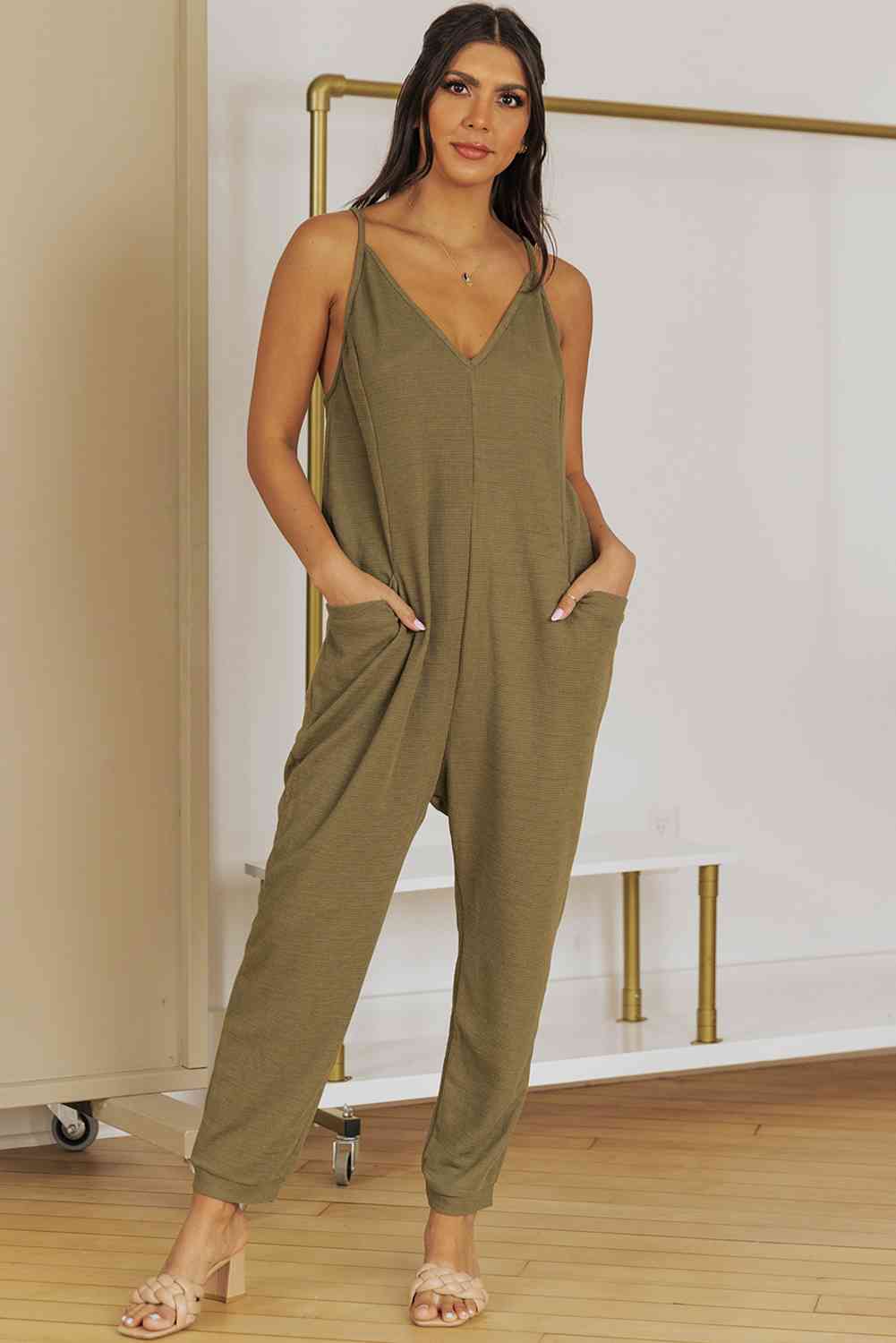 The Blake Spaghetti Strap Deep V Jumpsuit with Pockets - PEONIES & LIME
