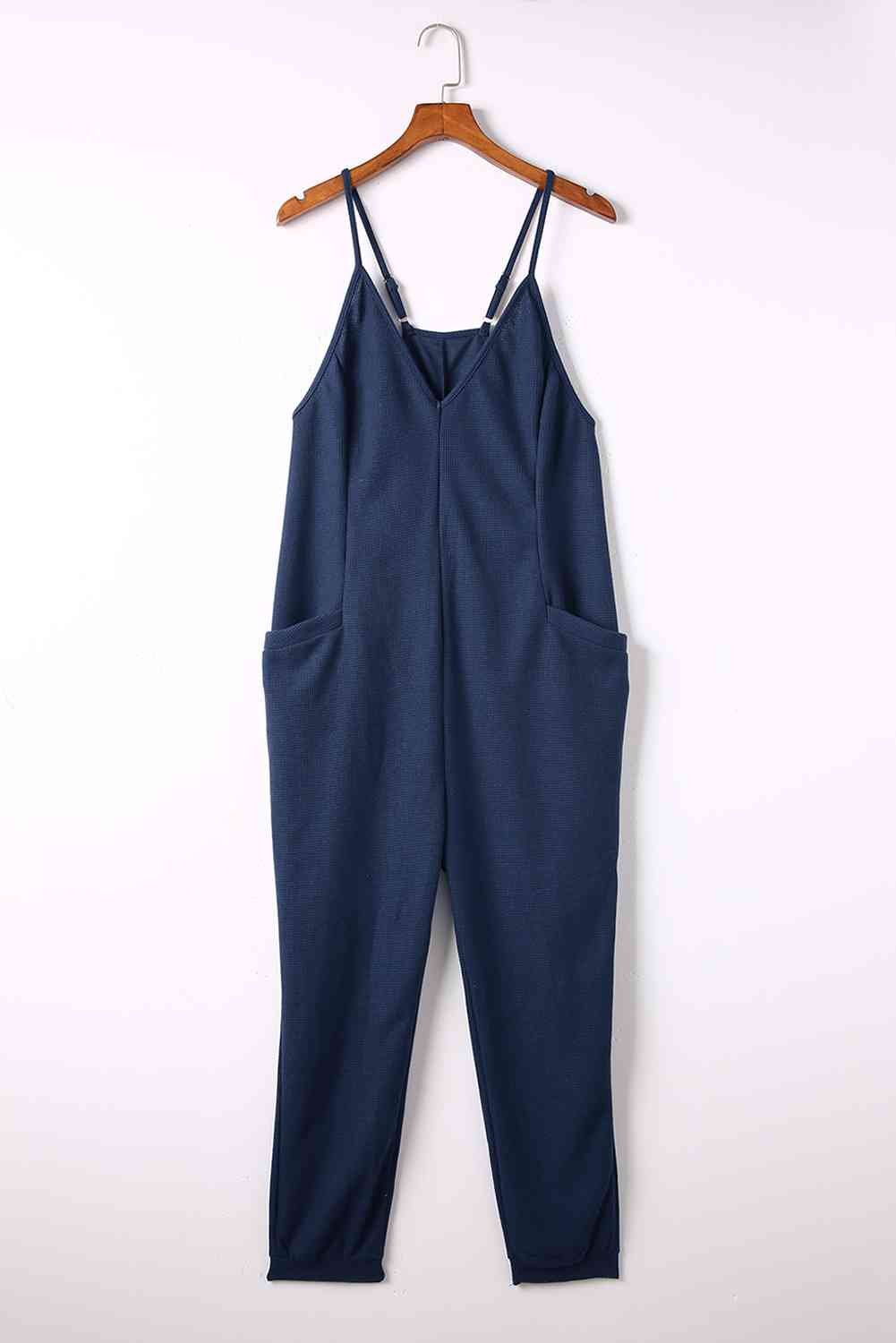 The Blake Spaghetti Strap Deep V Jumpsuit with Pockets - PEONIES & LIME