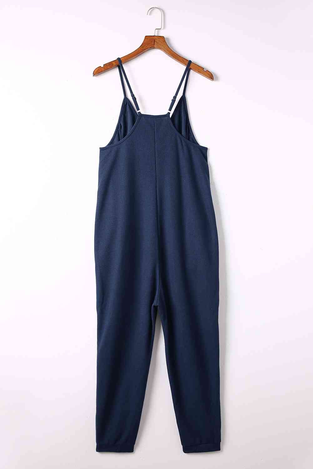 The Blake Spaghetti Strap Deep V Jumpsuit with Pockets - PEONIES & LIME