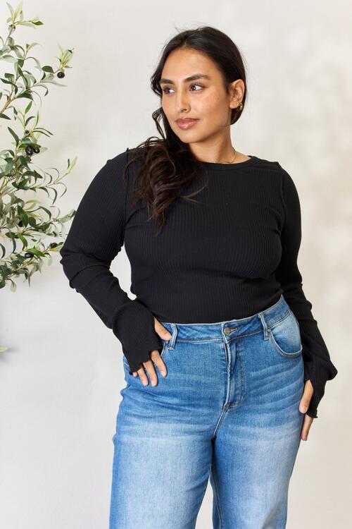 The Brea Ribbed Round Neck Long Sleeve Top - PEONIES & LIME