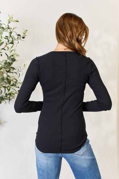 The Brea Ribbed Round Neck Long Sleeve Top - PEONIES & LIME