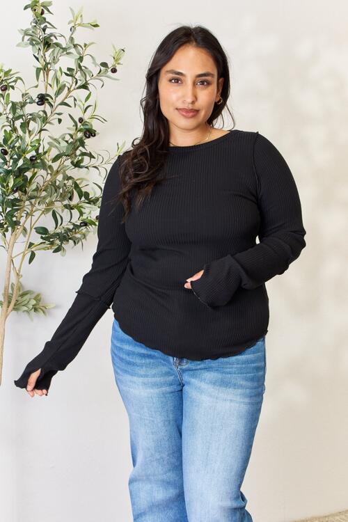 The Brea Ribbed Round Neck Long Sleeve Top - PEONIES & LIME