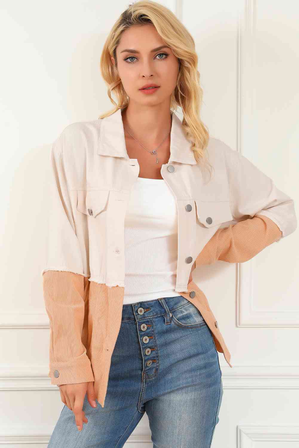 The Carli Contrast Button Down Collared Jacket - PEONIES & LIME