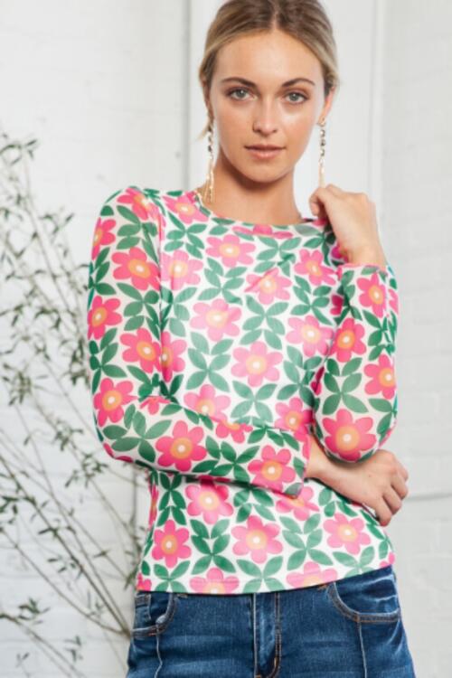 The Cassandra Floral Round Neck Top - PEONIES & LIME