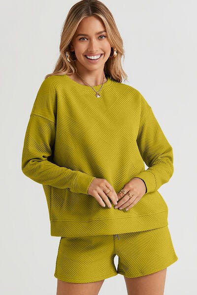 The Catherine Texture Long Sleeve Top and Drawstring Shorts Set