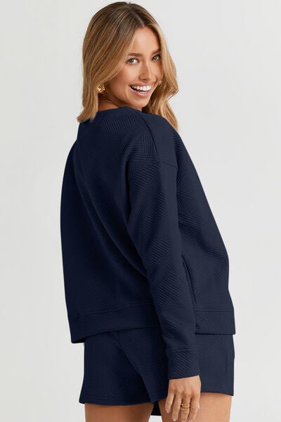 The Catherine Texture Long Sleeve Top and Drawstring Shorts Set