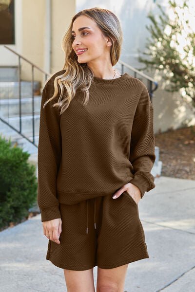 The Catherine Texture Long Sleeve Top and Drawstring Shorts Set