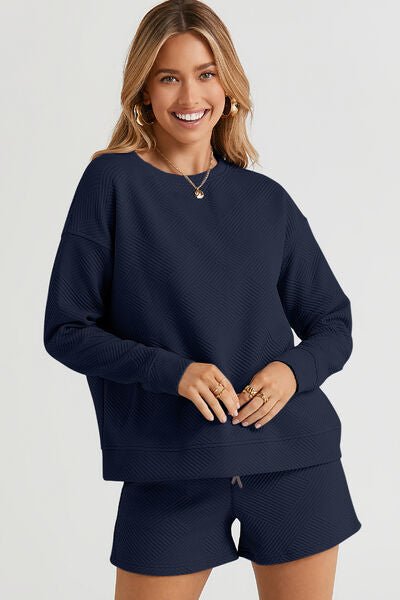 The Catherine Texture Long Sleeve Top and Drawstring Shorts Set