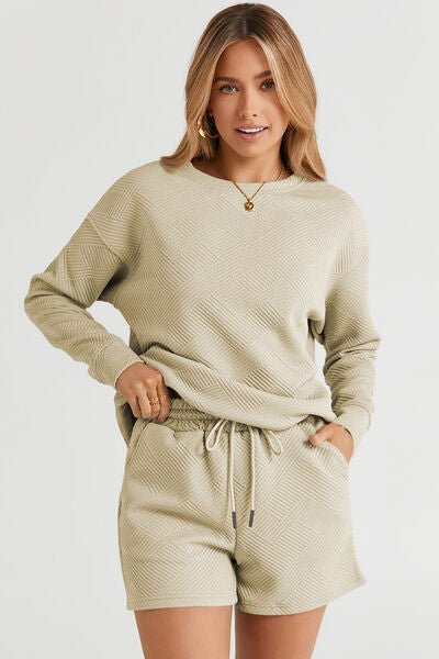The Catherine Texture Long Sleeve Top and Drawstring Shorts Set