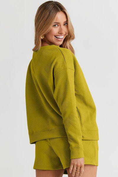 The Catherine Texture Long Sleeve Top and Drawstring Shorts Set
