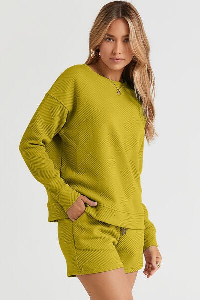 The Catherine Texture Long Sleeve Top and Drawstring Shorts Set