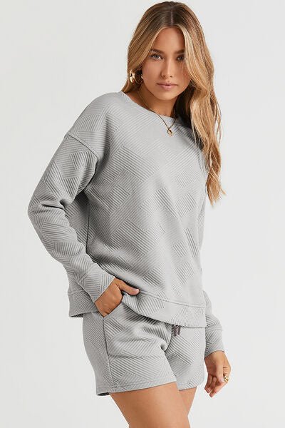 The Catherine Texture Long Sleeve Top and Drawstring Shorts Set