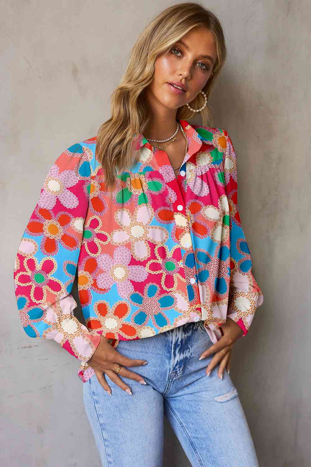 The Celeste Floral Print Lantern Sleeve Shirt - PEONIES & LIME
