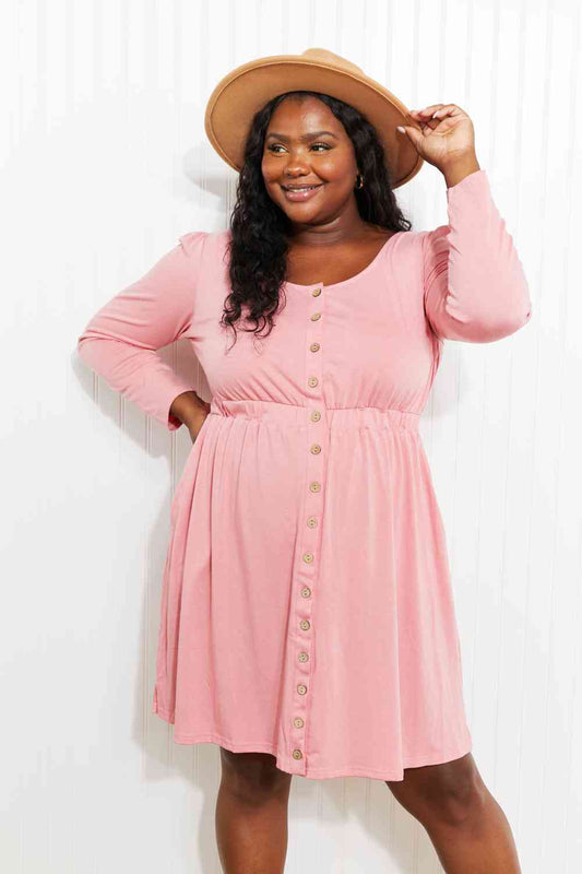 The Charlie Button Front Elastic Waist Long Sleeve Dress