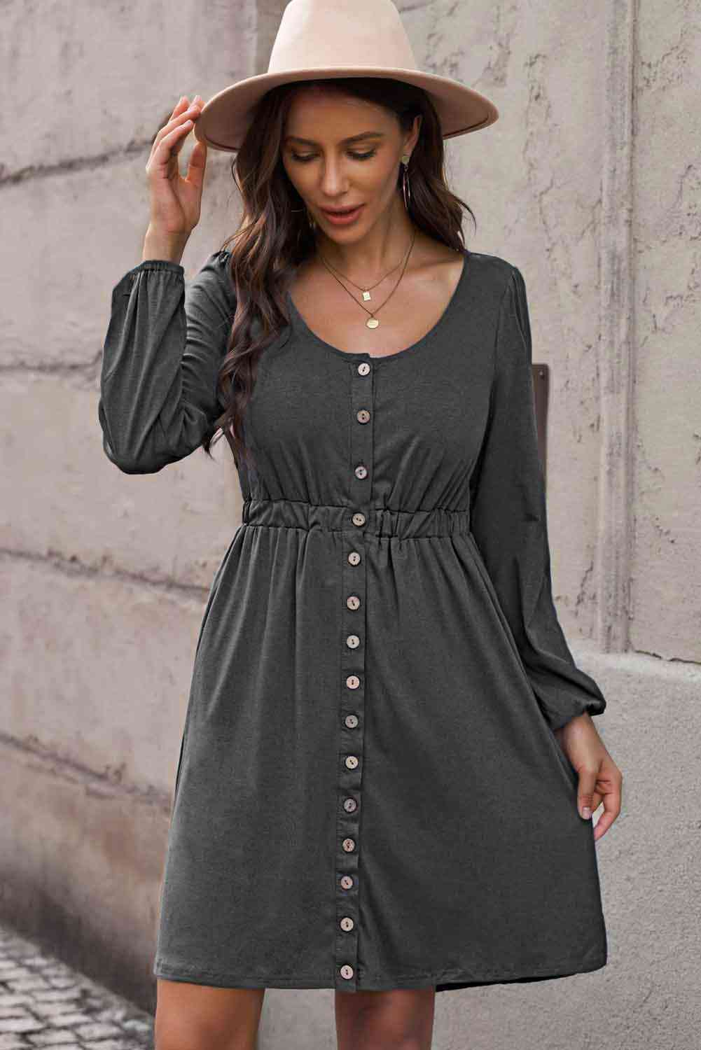 The Charlie Button Front Elastic Waist Long Sleeve Dress