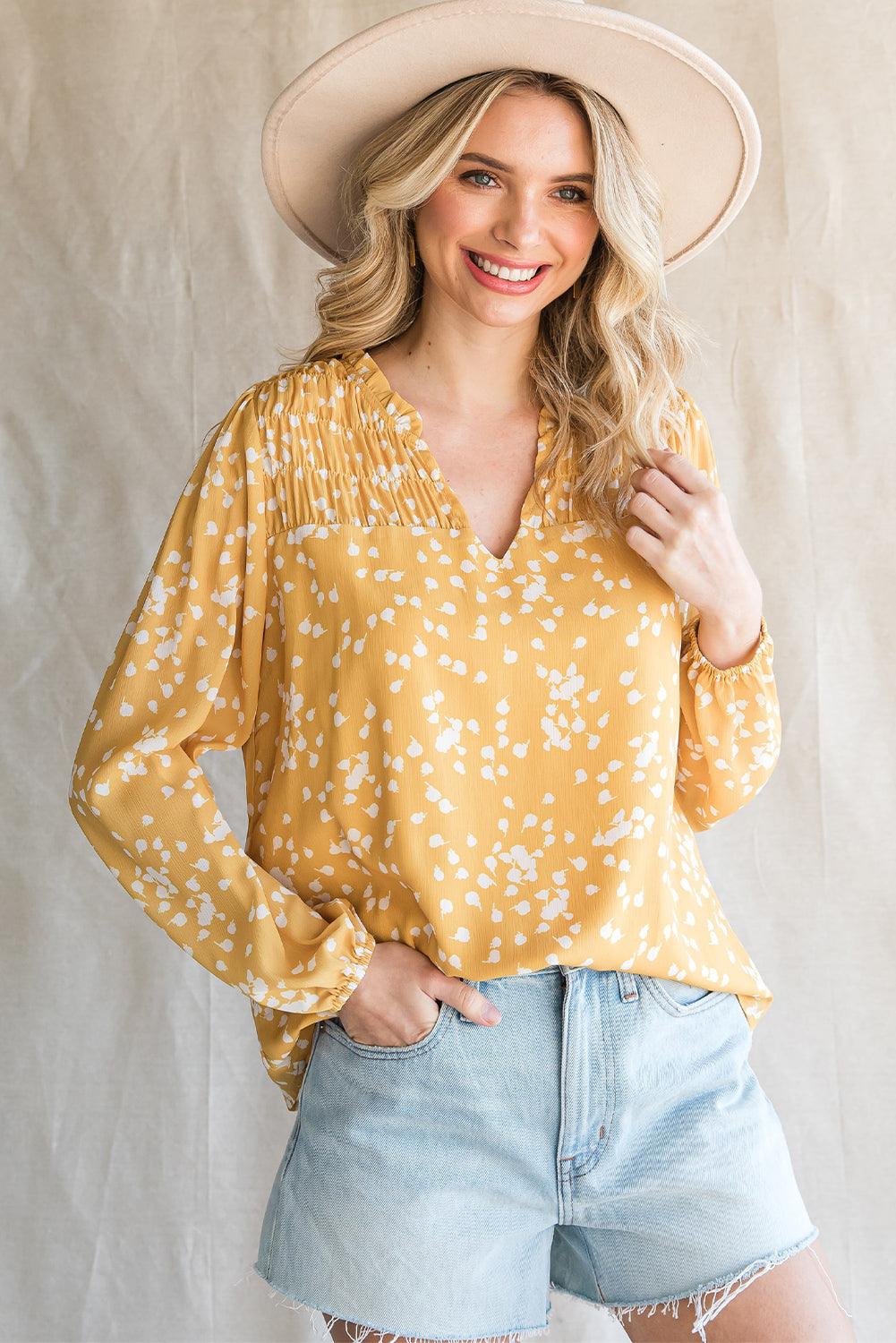 The CJ Notched Neck Smocked Blouse - PEONIES & LIME