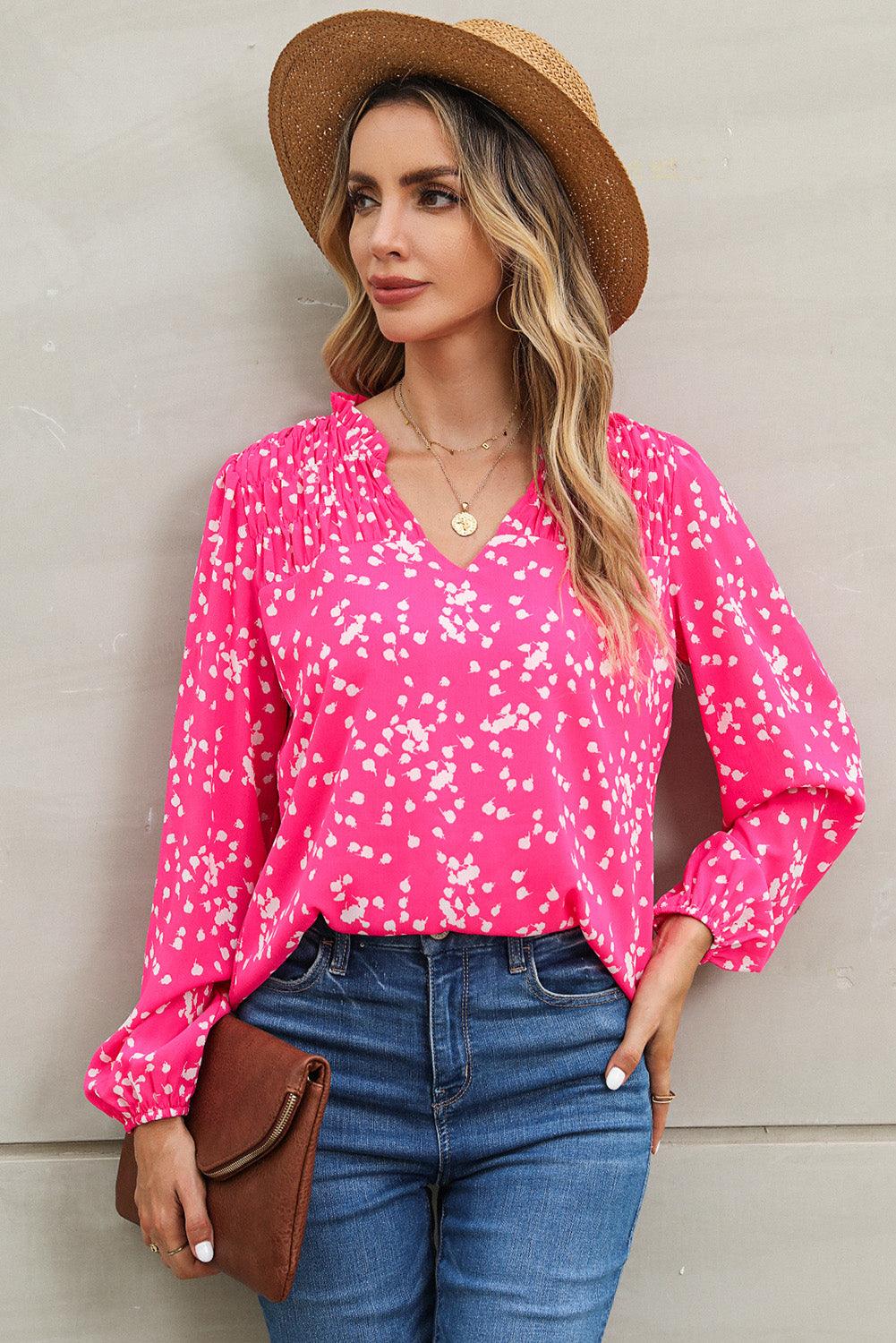 The CJ Notched Neck Smocked Blouse - PEONIES & LIME