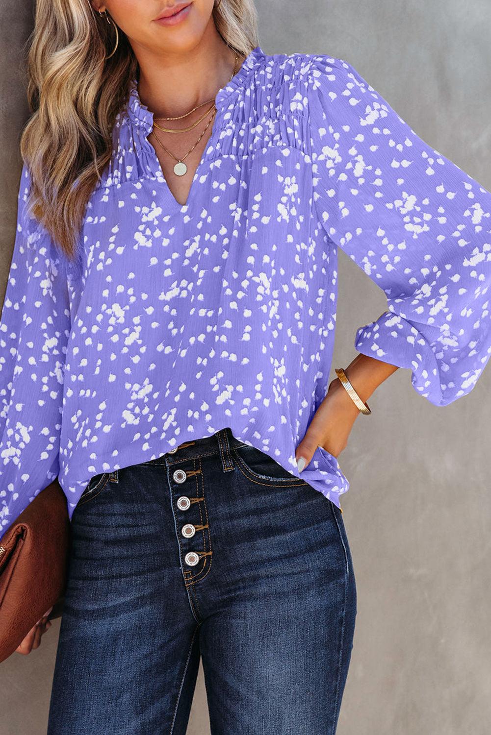 The CJ Notched Neck Smocked Blouse - PEONIES & LIME
