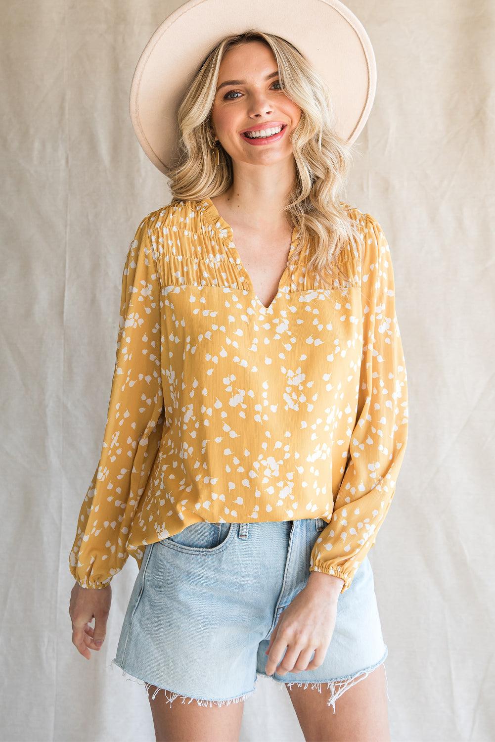 The CJ Notched Neck Smocked Blouse - PEONIES & LIME