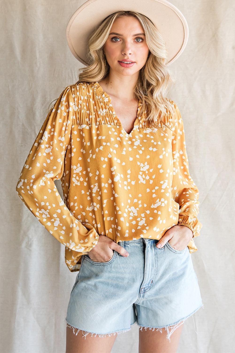 The CJ Notched Neck Smocked Blouse - PEONIES & LIME