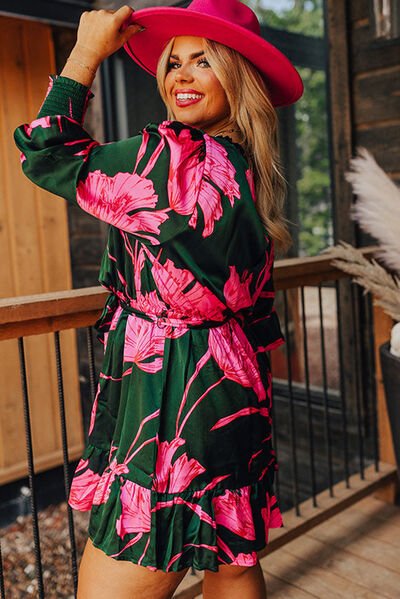 The Connie Plus Size Printed Lantern Sleeve Ruffle Hem Dress - PEONIES & LIME