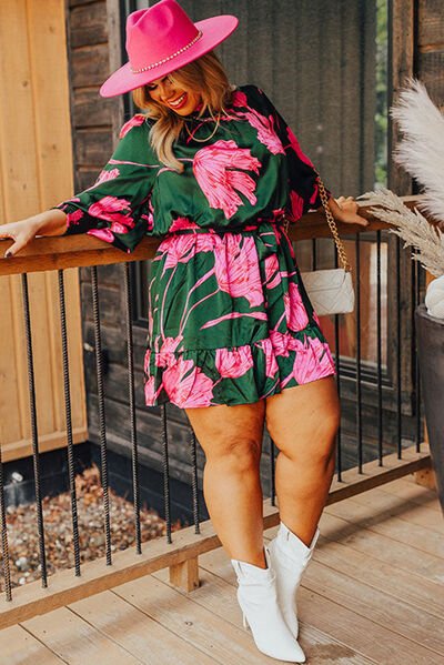 The Connie Plus Size Printed Lantern Sleeve Ruffle Hem Dress - PEONIES & LIME