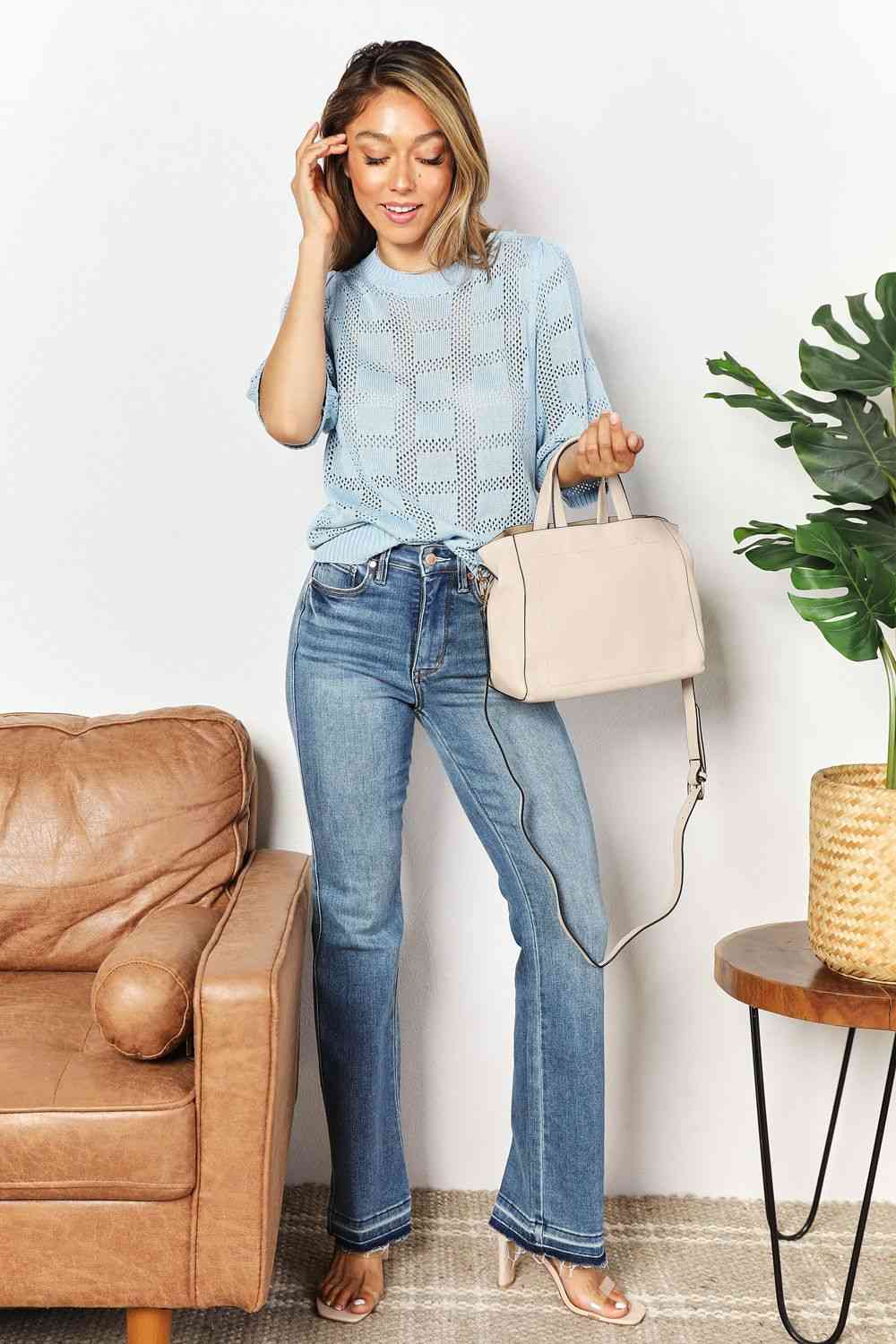 The Delaney Ribbed Trim Round Neck Knit Top