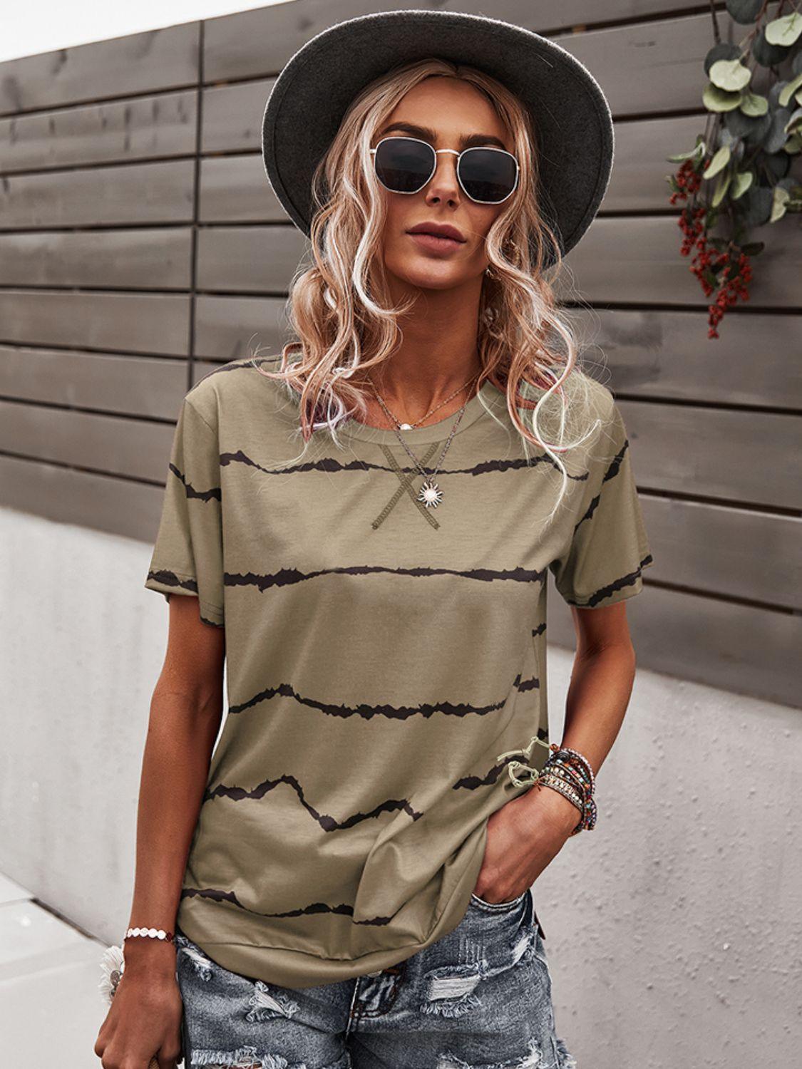 Waveform Print Round Neck Tee - PEONIES + LIME
